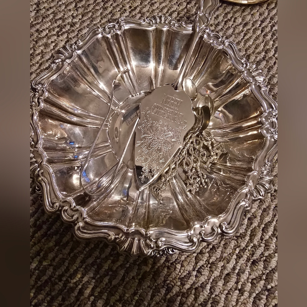 Elegant Vintage Silver Serving Bowl with Utensils.. Collectors Items